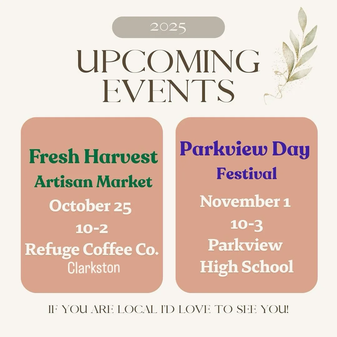 Exciting news! 🎉 I&rsquo;ll be at TWO amazing local events these next two Saturdays, and I&rsquo;d absolutely love to see you there if you&rsquo;re in the area!
📍 October 25th | Fresh Harvest Artisan Market
10am-2pm at Refuge Coffee Co. in Clarksto