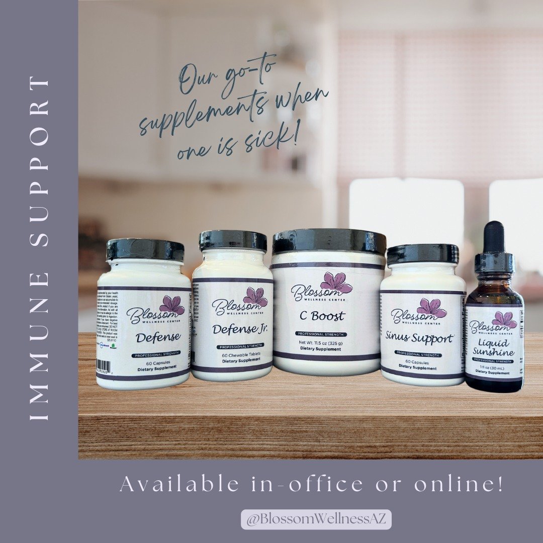 Our trusted immune support supplements are now available online at www.blossomwellnessaz.com/shop!

- Defense: One of our favorite formulations of key nutrients and botanicals that provides immediate immune support. It comes in a chewable version for