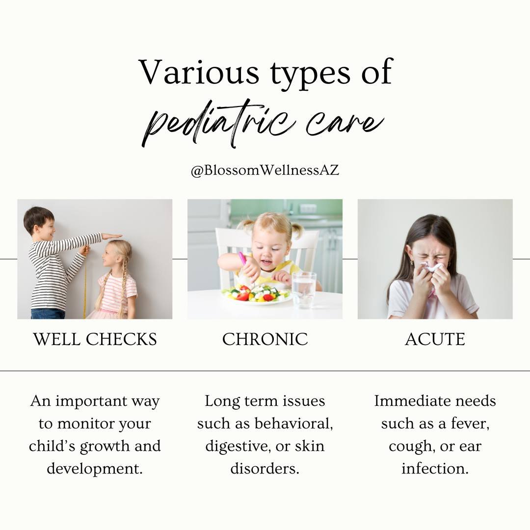 We offer various types of pediatric care at Blossom, the main three are listed below.

Well checks are an important way to monitor your child&rsquo;s growth and development. We recommend frequent checks from newborn-2 years old then annual visits.

C