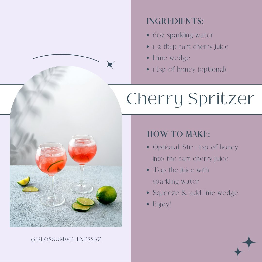 Looking for a refreshing drink that will also help you sleep? Try Dr. Rittling's Cherry Spritzer! It contains tart cherry juice which has been shown to improve sleep quality due to its content of melatonin and tryptophan. Tart cherry juice also has a