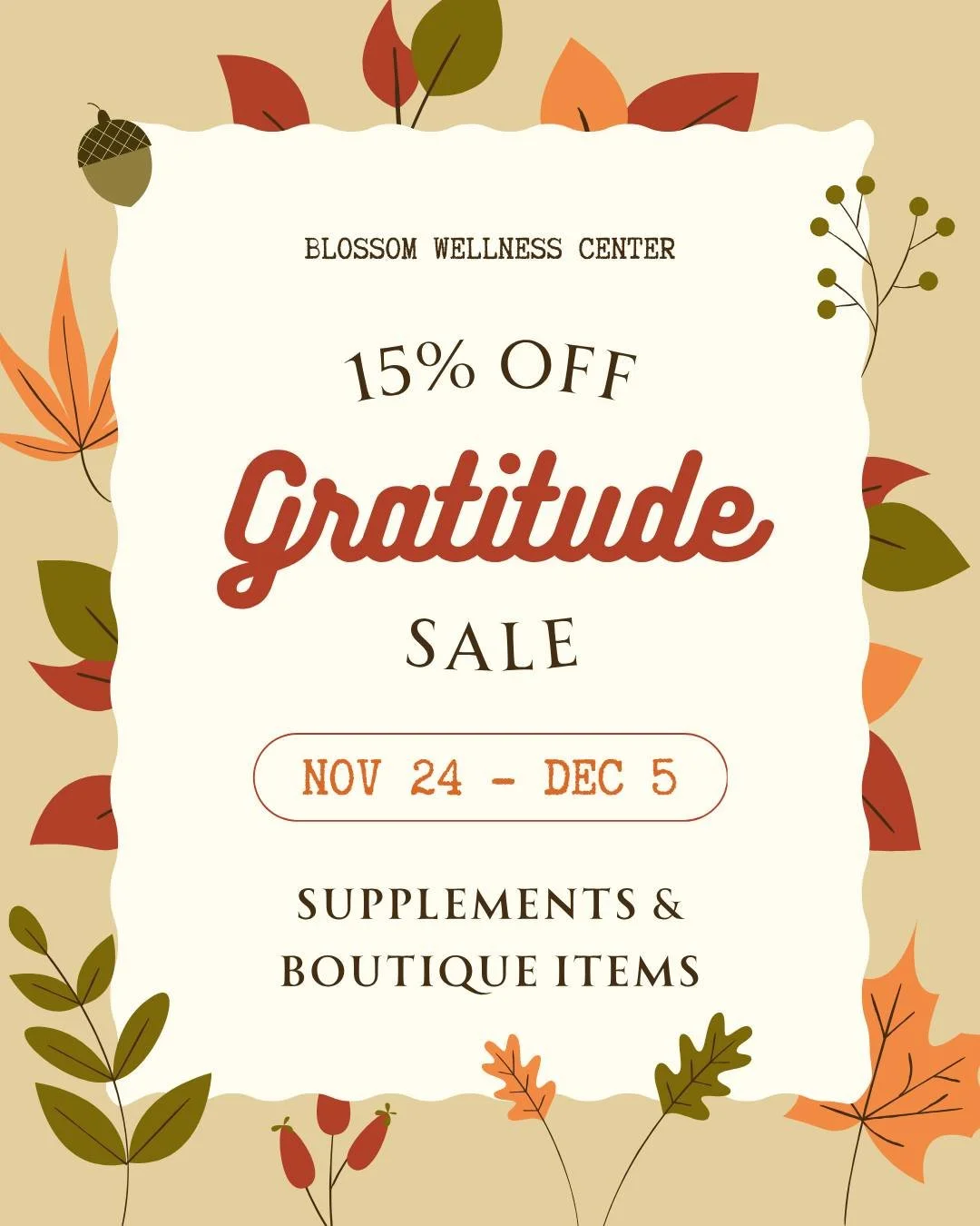 As a heartfelt thank you for being part of the Blossom community, we&rsquo;re offering 15% off all supplements and boutique items, including our homeopathic first aid kit from Nov 24 - Dec 5.

Whether you&rsquo;re restocking your essentials, choosing