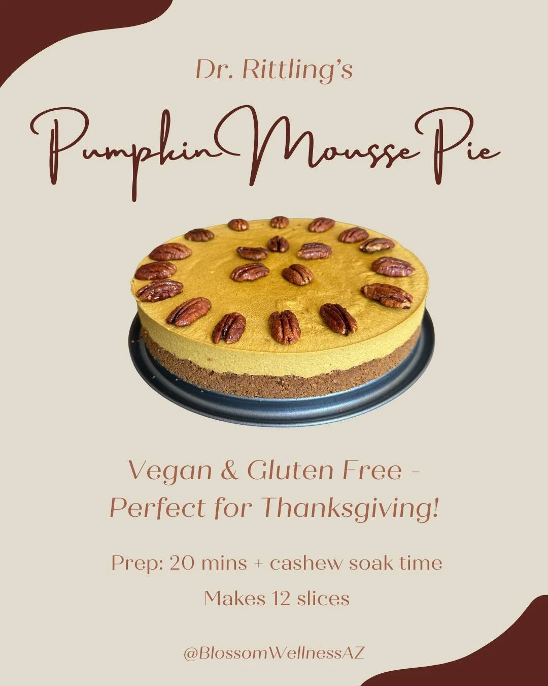 A nourishing twist on a seasonal favorite. This no-bake Pumpkin Mousse Pie is creamy, spiced, and made with whole ingredients that feel good in your body. As a bonus, it is also free of dairy and gluten! Save this recipe to enjoy this Thanksgiving!
