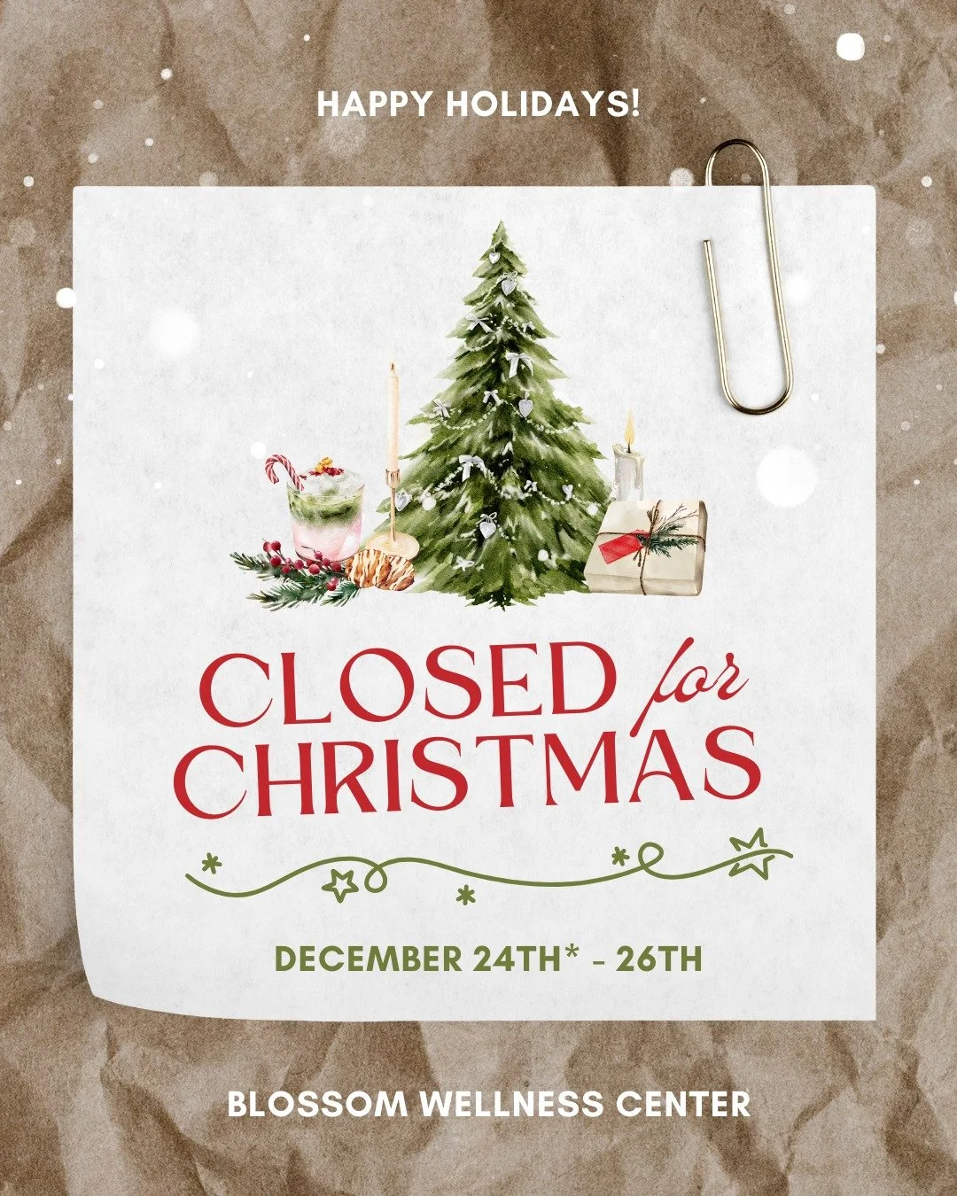 The office will be closed Wednesday through Friday this week (Dec 24-26). We&rsquo;ll resume normal hours on Monday, Dec 29.

Urgent appointments will be available the morning of 12/24. Please leave a voicemail before 8:30am if needed.

Let us know i