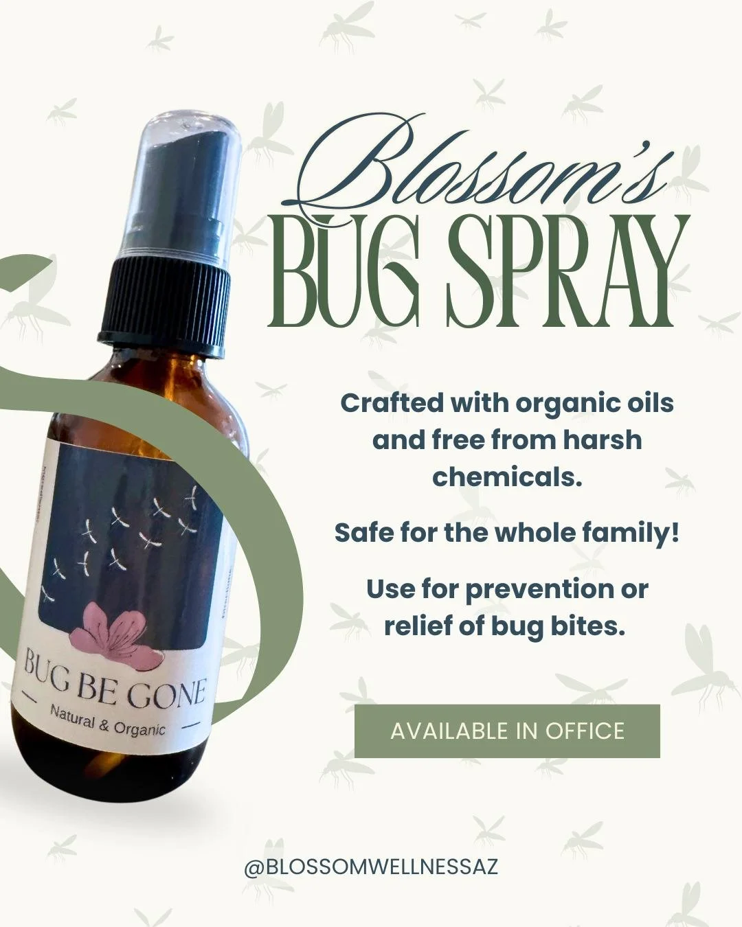 A natural summer essential! Our Bug Be Gone spray is perfect for outdoor adventures, backyard nights, and keeping bug bites at bay all season long. Stop by the office to grab yours!