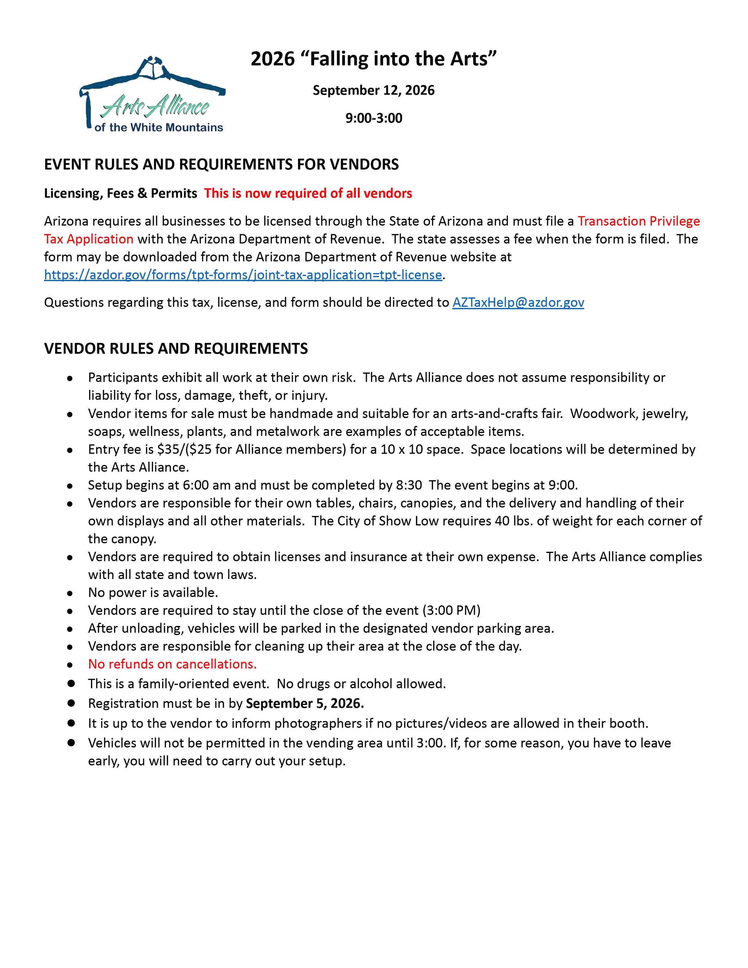 September AAWM “Falling into the Arts” -Event Vendor rules