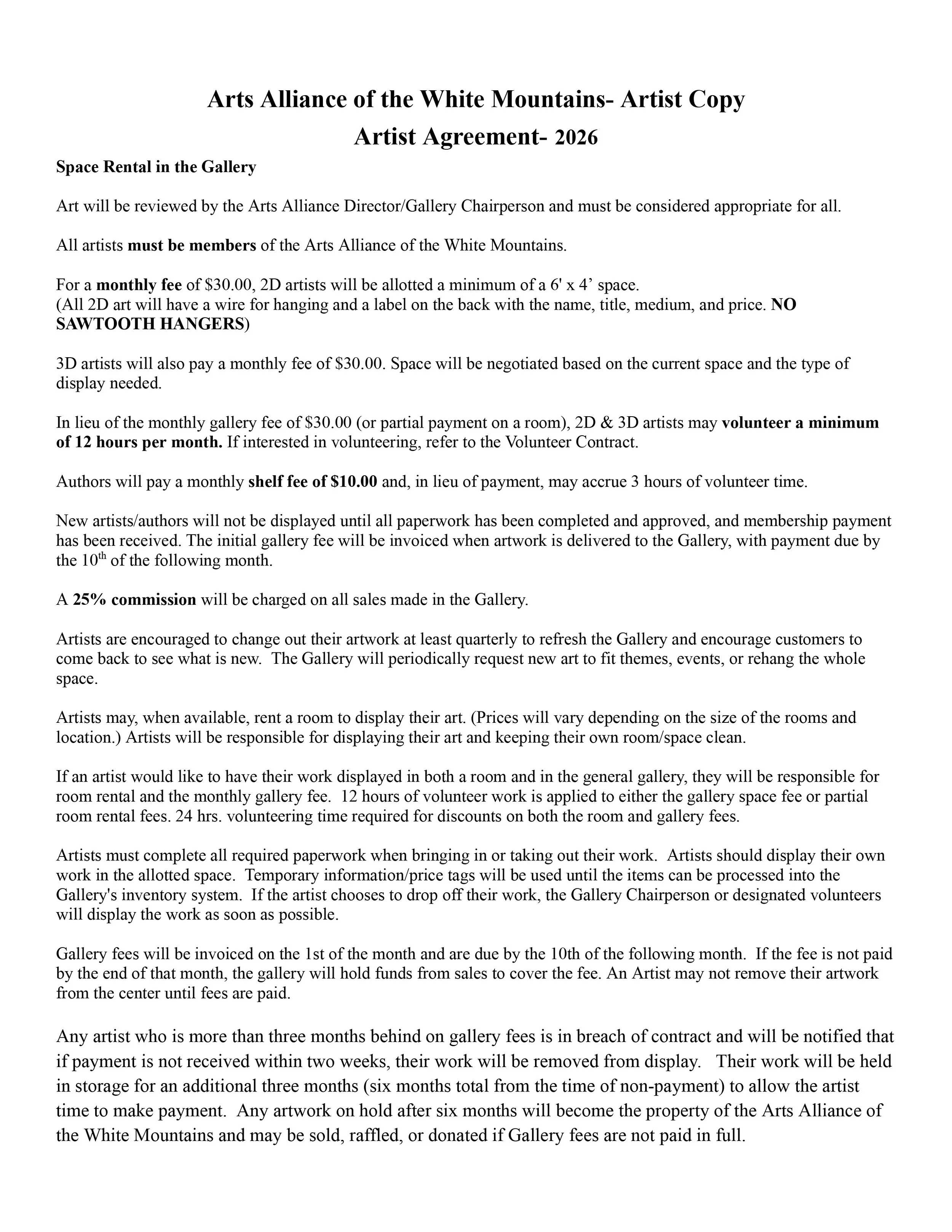 ARTIST AGREEMENT. FOR 2026