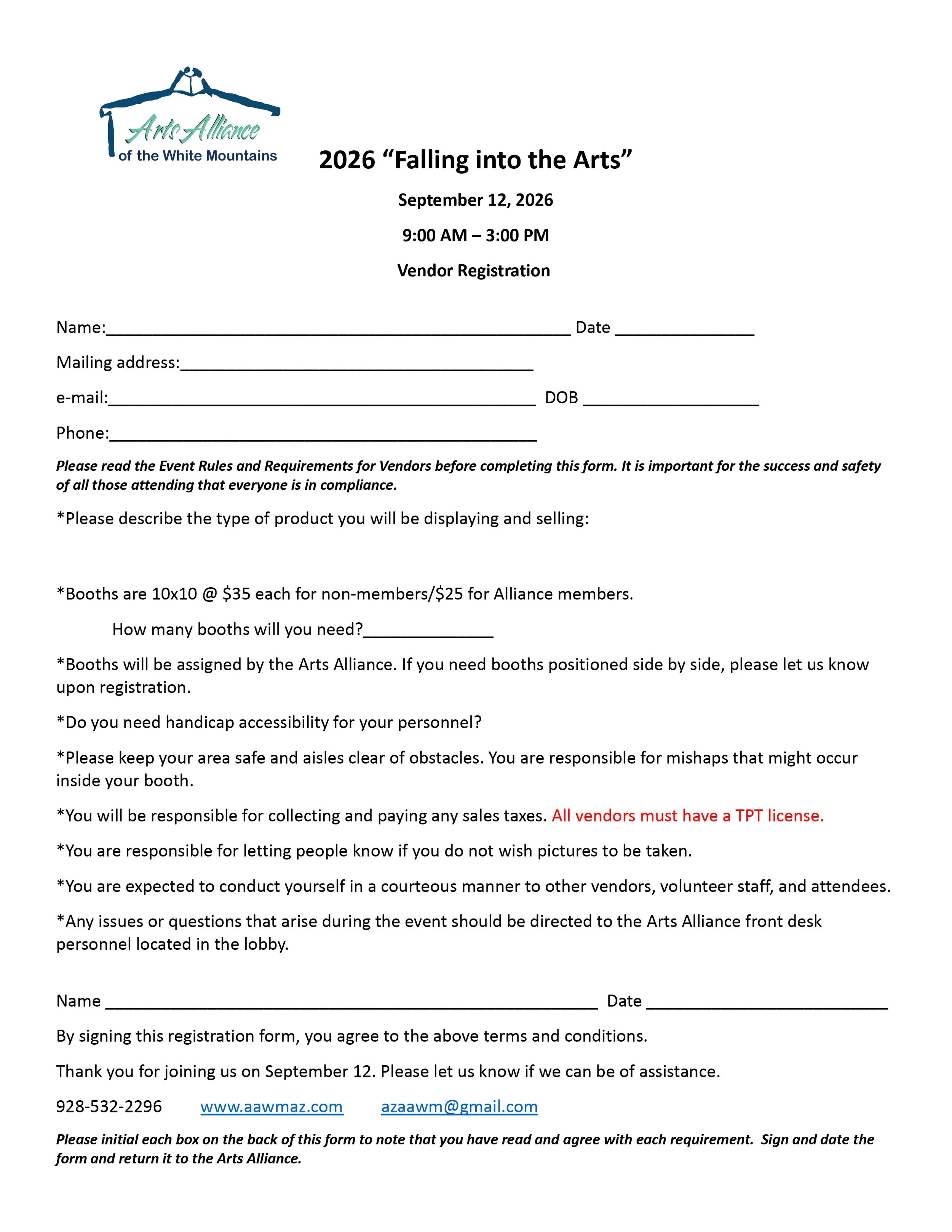 “Falling into the Arts”  Vendor Application
