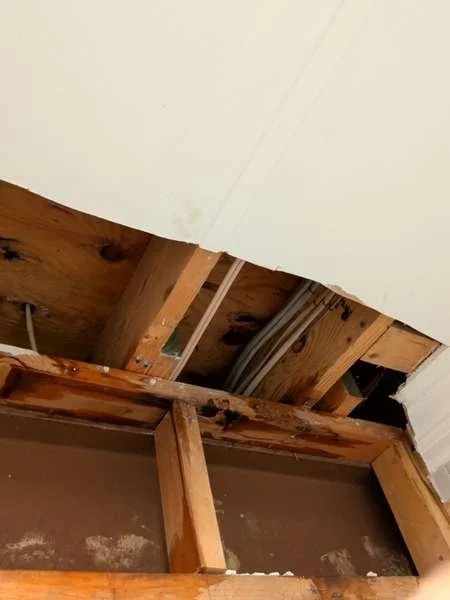 Exposed ceiling framing with water staining from hidden drain leak, Vienna VA