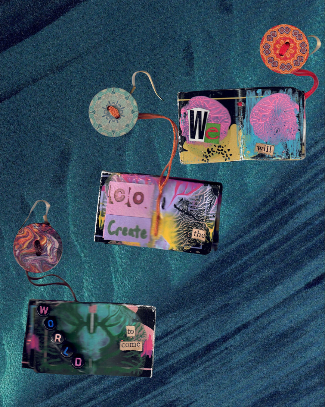 tarot card zine earrings that read " we will co create the world to come" featuring beads, tiny abstract paintings, and buttons