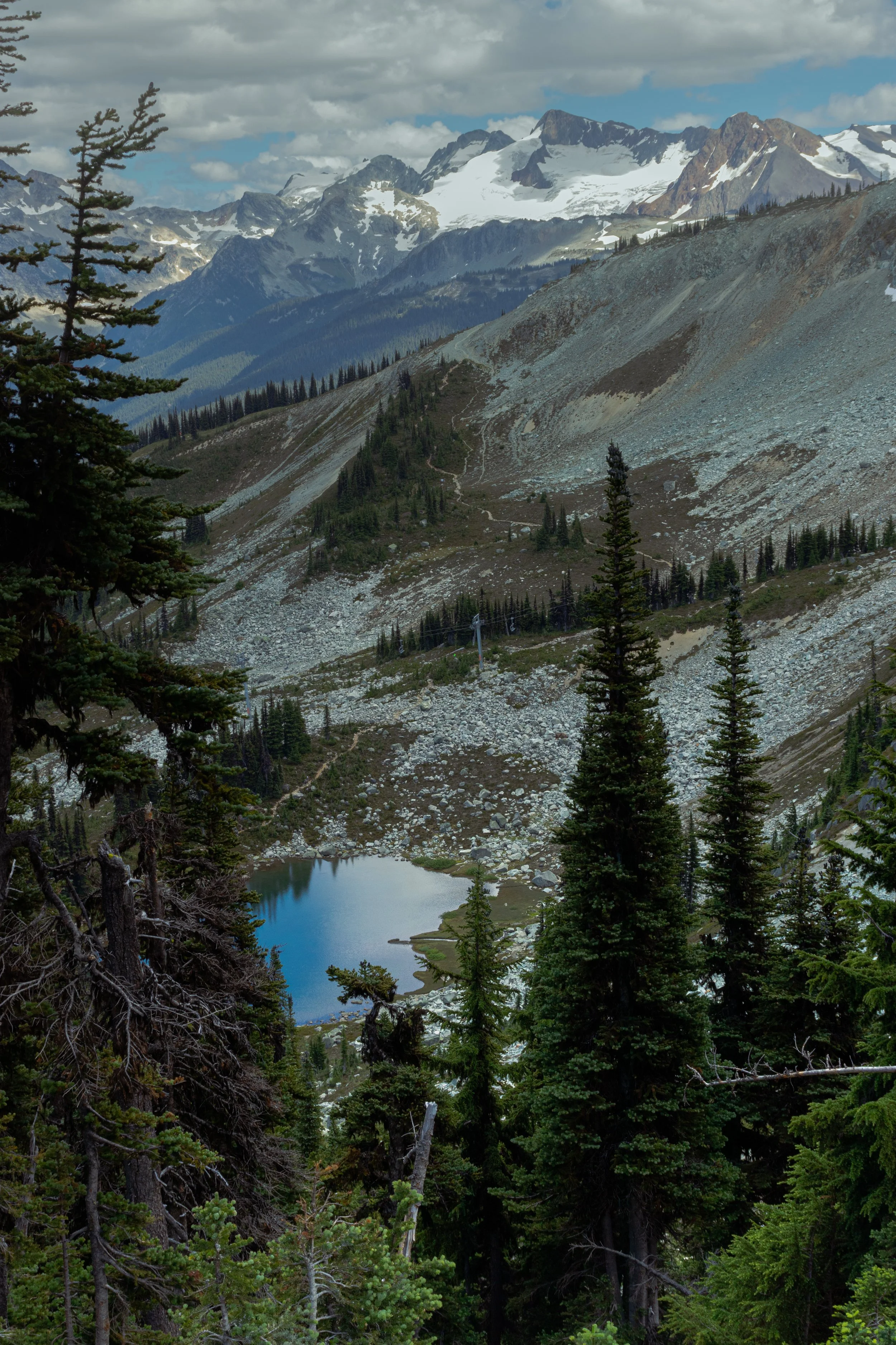 Mountain landscape with a small lake, evergreen trees, rocky slopes, and snow-capped peaks in the distance. Whistler, BC.