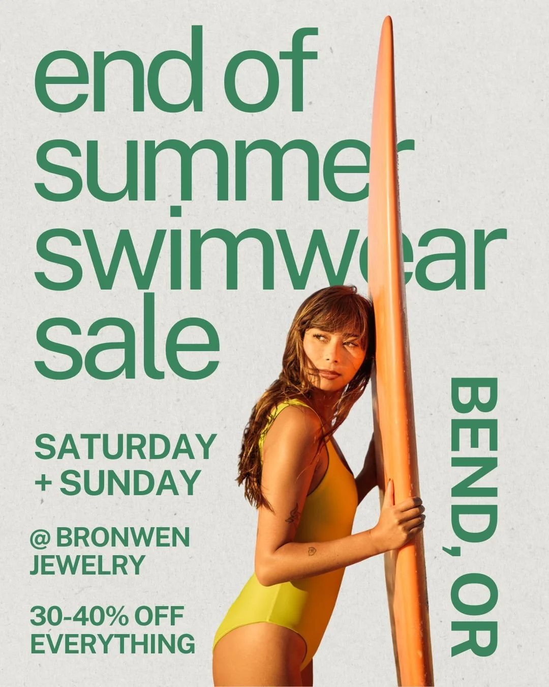 Let's celebrate the last few weeks of summer the only way we know how -- in a swimsuit! Join me this SATURDAY + SUNDAY at @bronwenjewelry and score epics deals on your favorite suits. ⁠
⁠
Not local to Bend? Sign up for our newsletter to get in on thi
