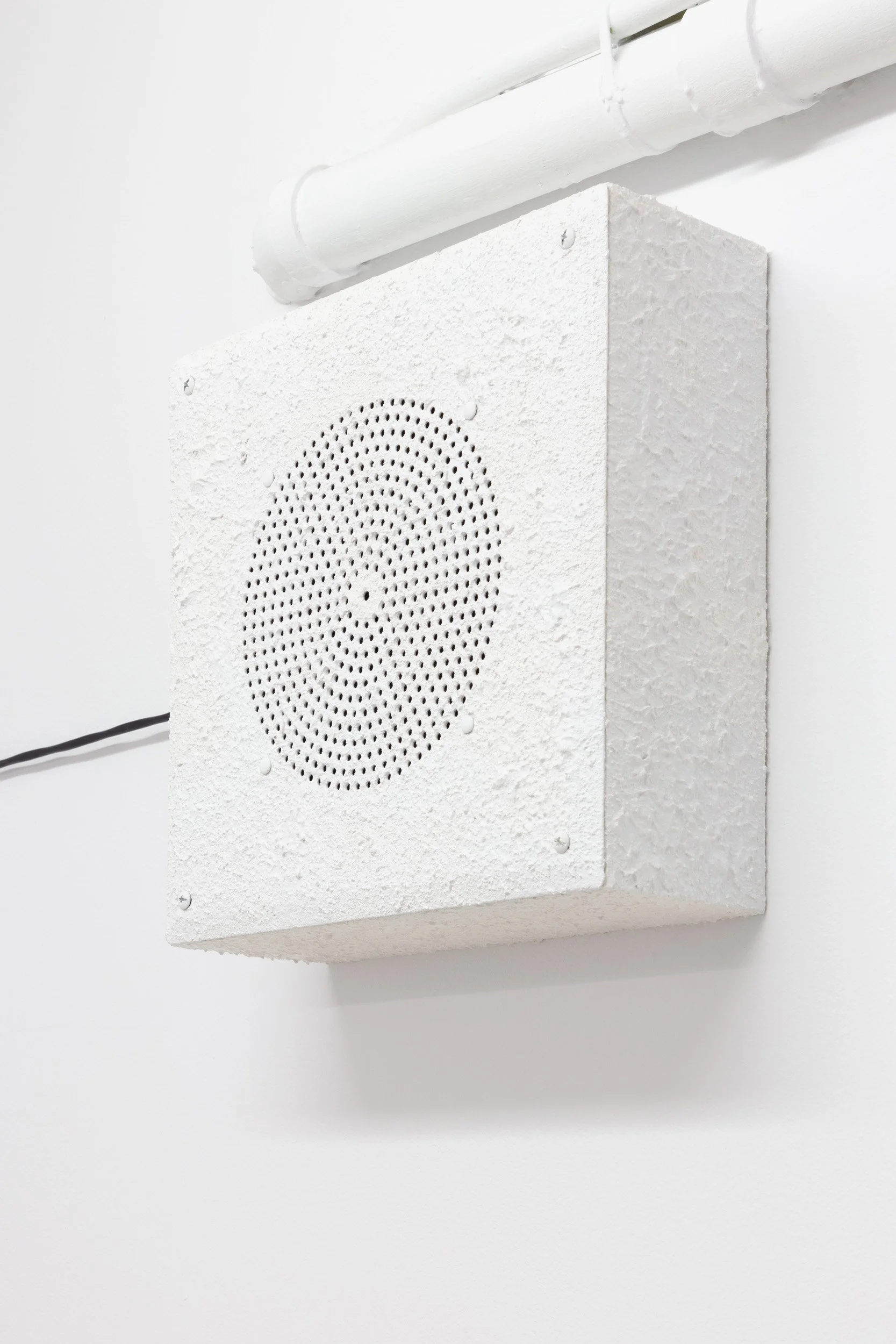 Emily DiCarlo, "Talking Clock Choir", 2022. Four-channel sound installation, PA speakers, modulated talking clock public service announcements every half hour. Dimensions variable.