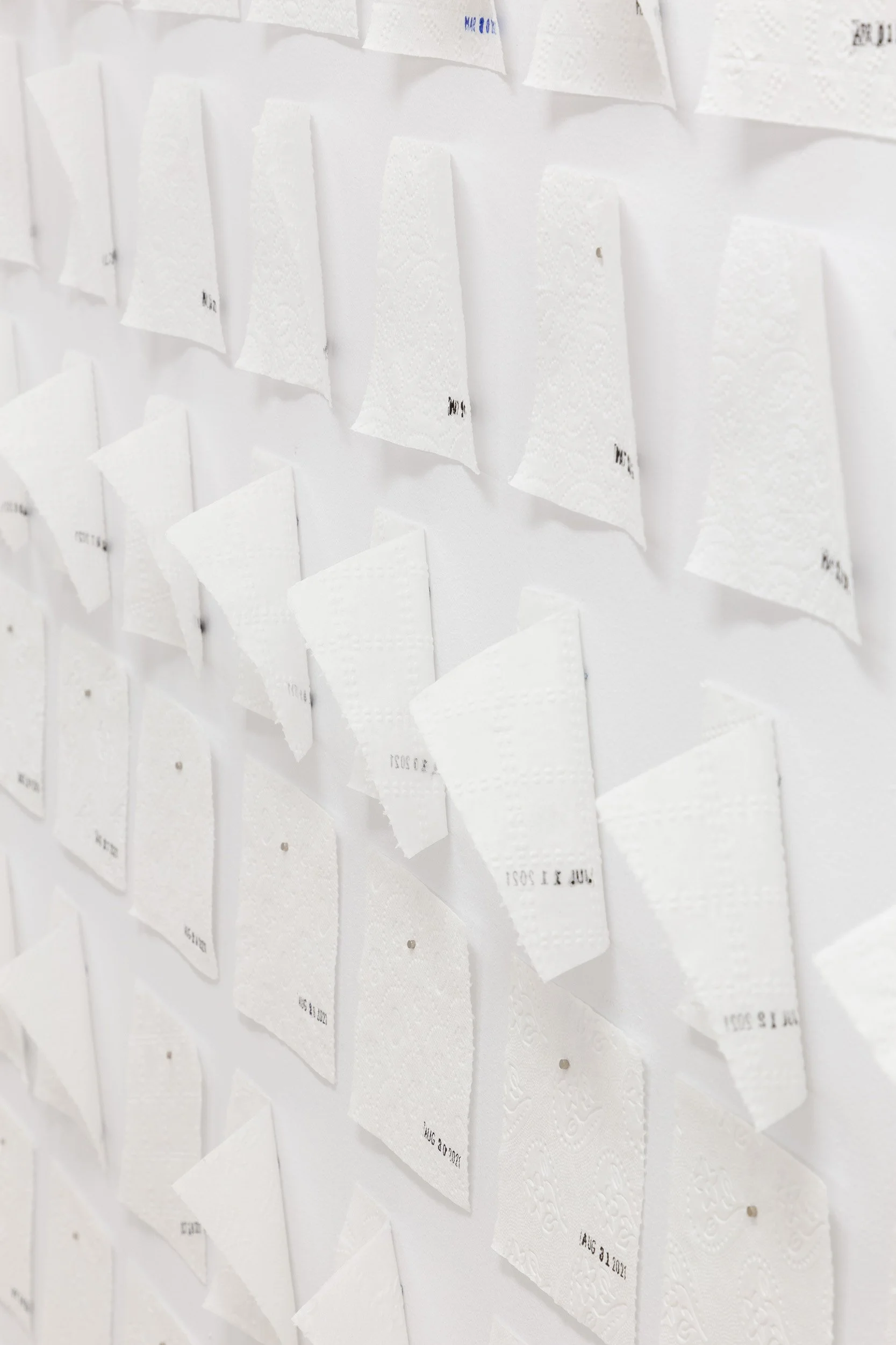 Ellen Bleiwas, "Rip", 2020-2022. Toilet paper, ink. 844 squares of toilet paper, dimensions variable.