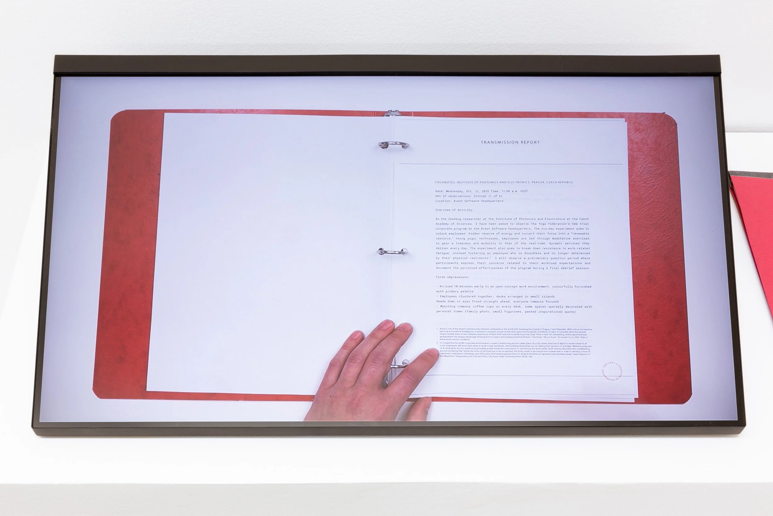 Emily DiCarlo, "Circular T: A Collection of Uncertainties", 2020. Single channel HD video, sound, binders, transmission reports. 51:16 minutes. Dimensions variable.