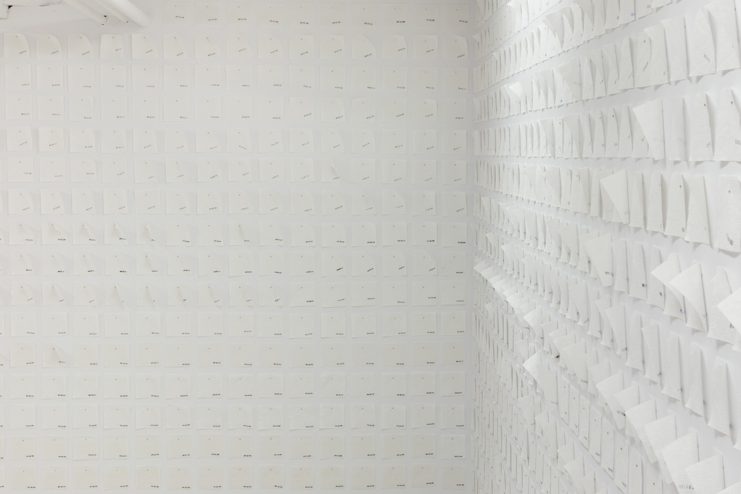 Ellen Bleiwas, "Rip", 2020-2022. Toilet paper, ink. 844 squares of toilet paper, dimensions variable.