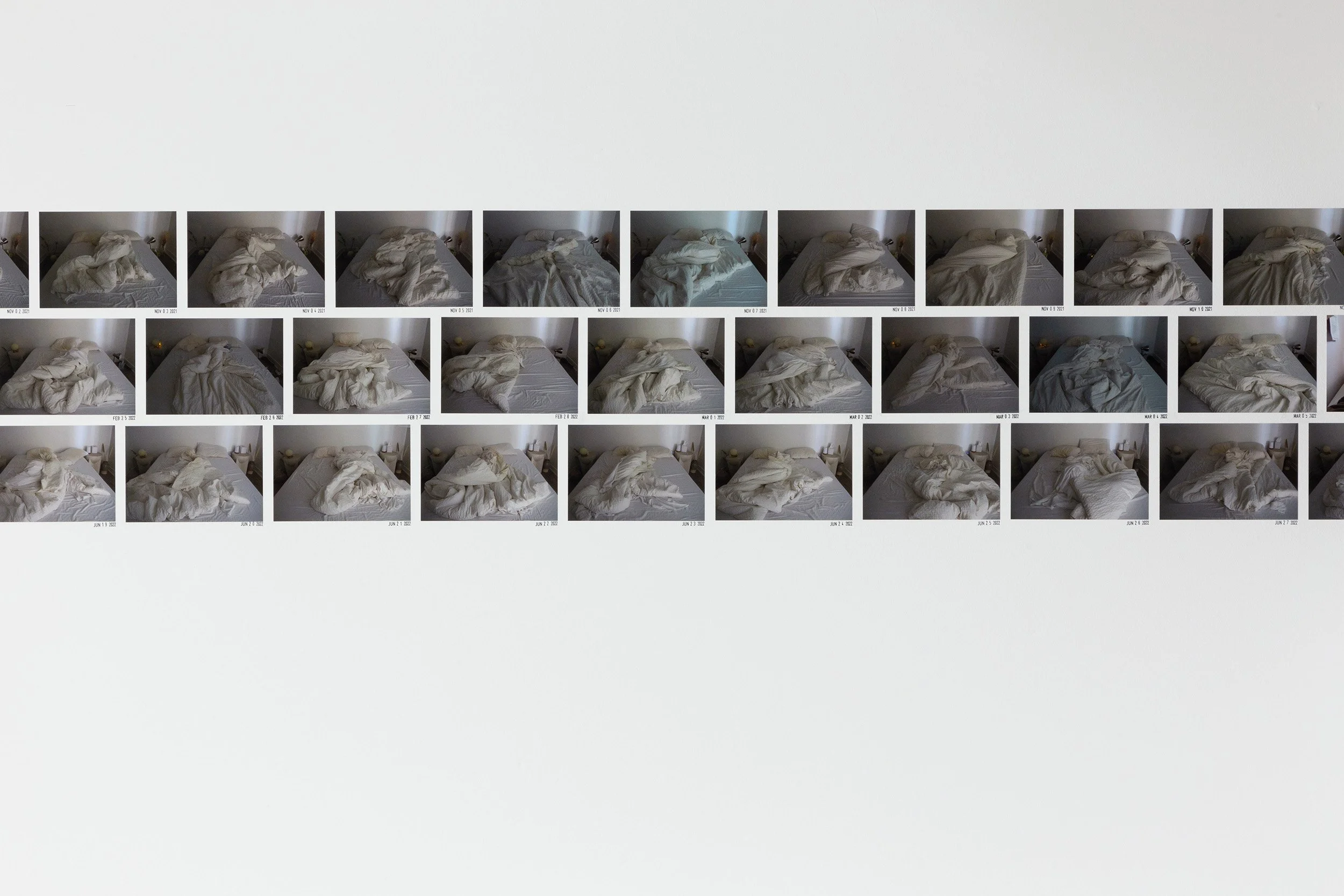 Ellen Bleiwas, "Got Up", 2021-2022. Inkjet prints on Noritsu paper, ink. 365 prints with date-stamp below, dimensions variable.