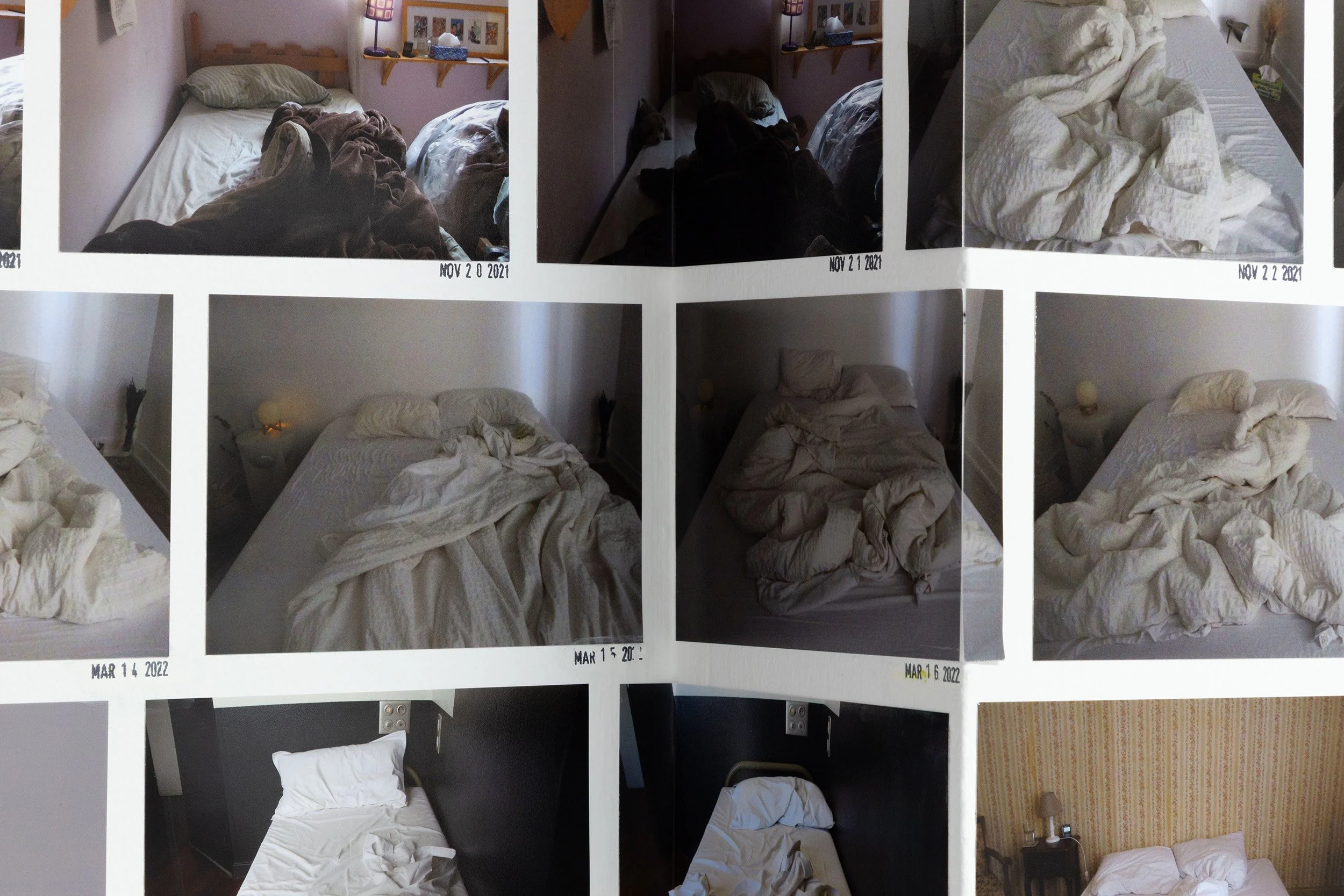 Ellen Bleiwas, "Got Up", 2021-2022. Inkjet prints on Noritsu paper, ink. 365 prints with date-stamp below, dimensions variable.