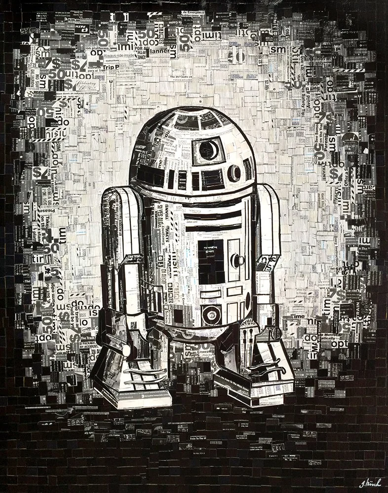 A mosaic artwork of R2-D2 from Star Wars made from black and white newspaper clippings arranged to form a detailed image.