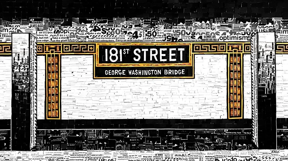 A black and white collage of newspaper clippings surrounding a subway station sign that reads "181st Street George Washington Bridge" with decorative yellow and black borders.