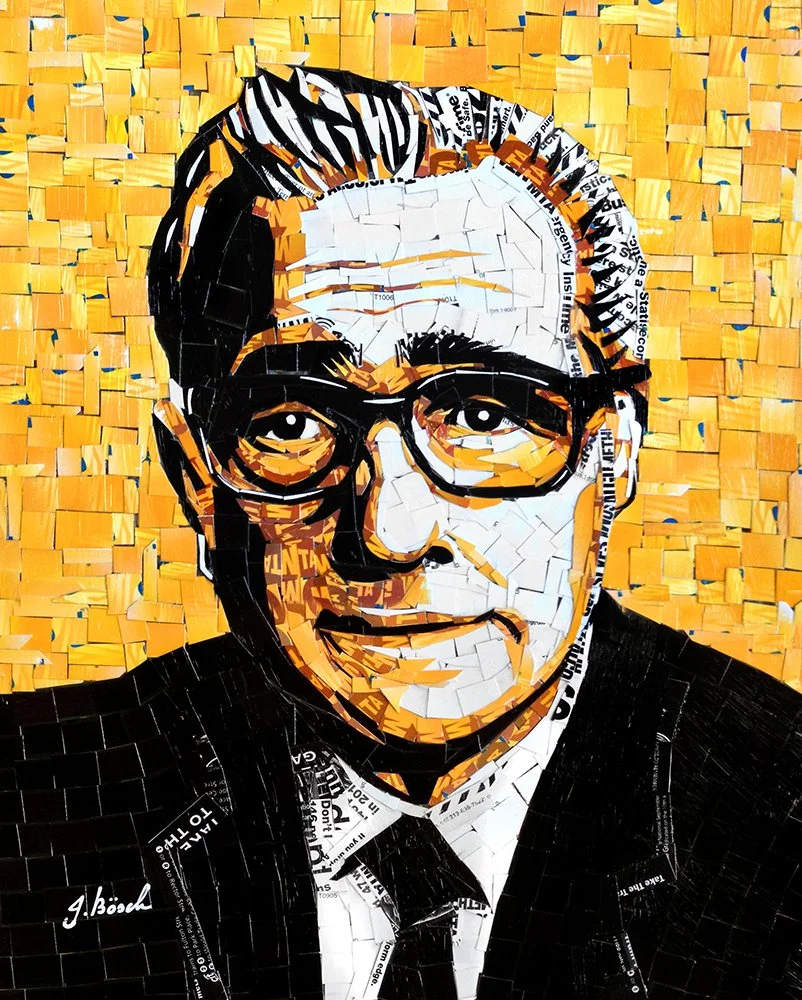 A mosaic portrait of a man wearing glasses, with a yellow background.