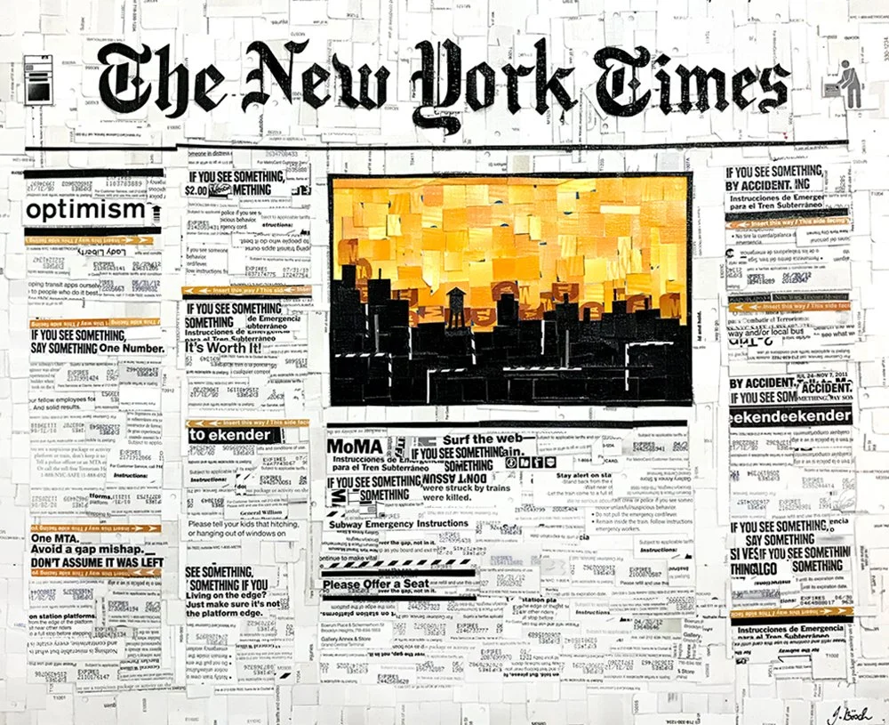 A collage of New York Times newspaper front pages with a central image resembling a city skyline at sunset, made of pixelated orange and black blocks.
