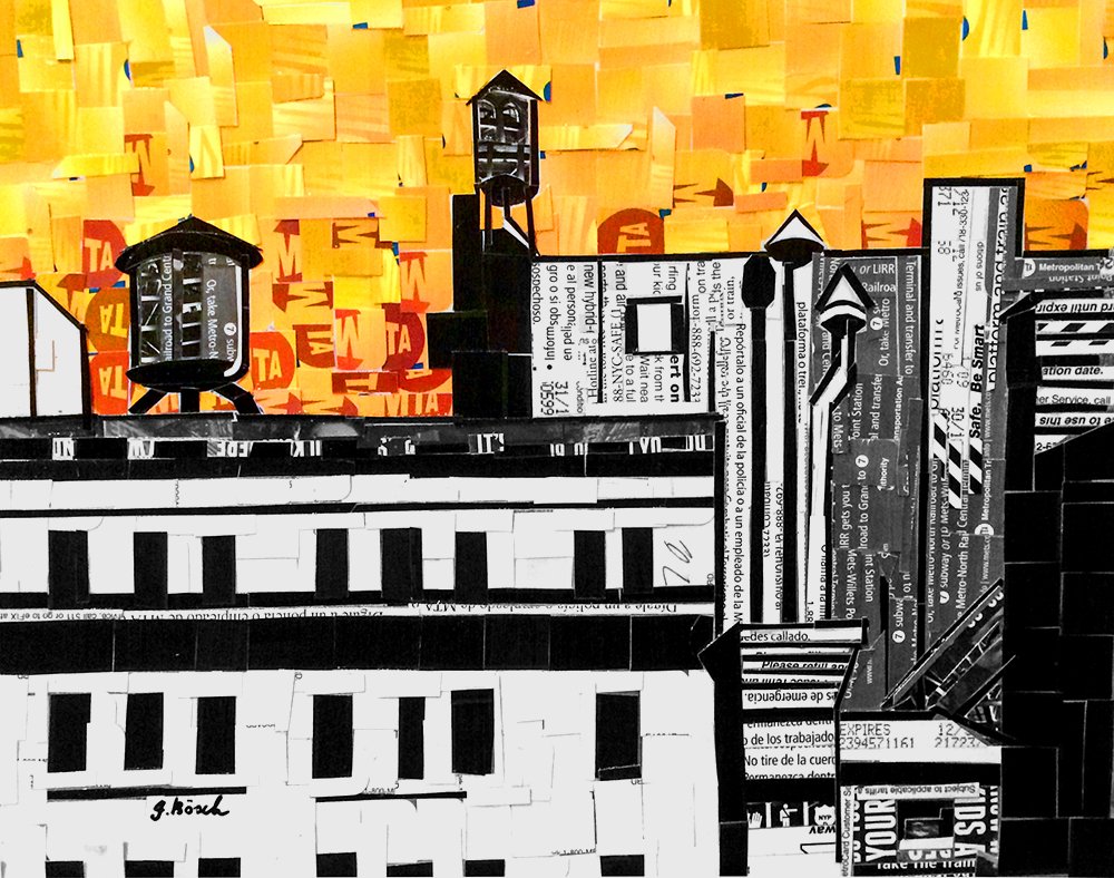 Collage artwork resembling a piano with black and white keys, topped with miniature lamp posts, against a background of orange and yellow squares and red text.