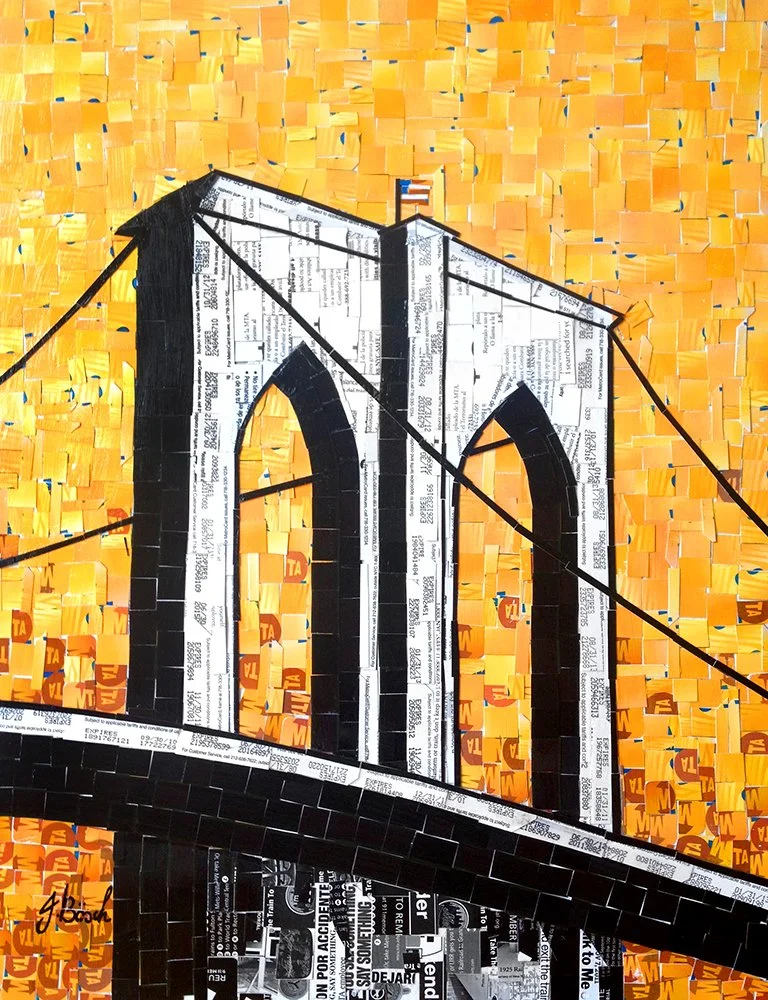 Mosaic artwork resembling the Brooklyn Bridge with an orange background, created with newspaper and magazine clippings.