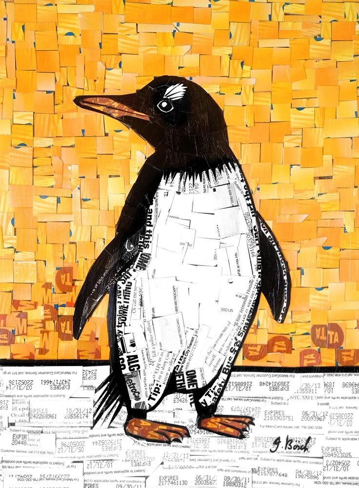 A collage artwork of a penguin, created with cutouts from printed materials, set against a vibrant yellow background, with boarding passes at the bottom.