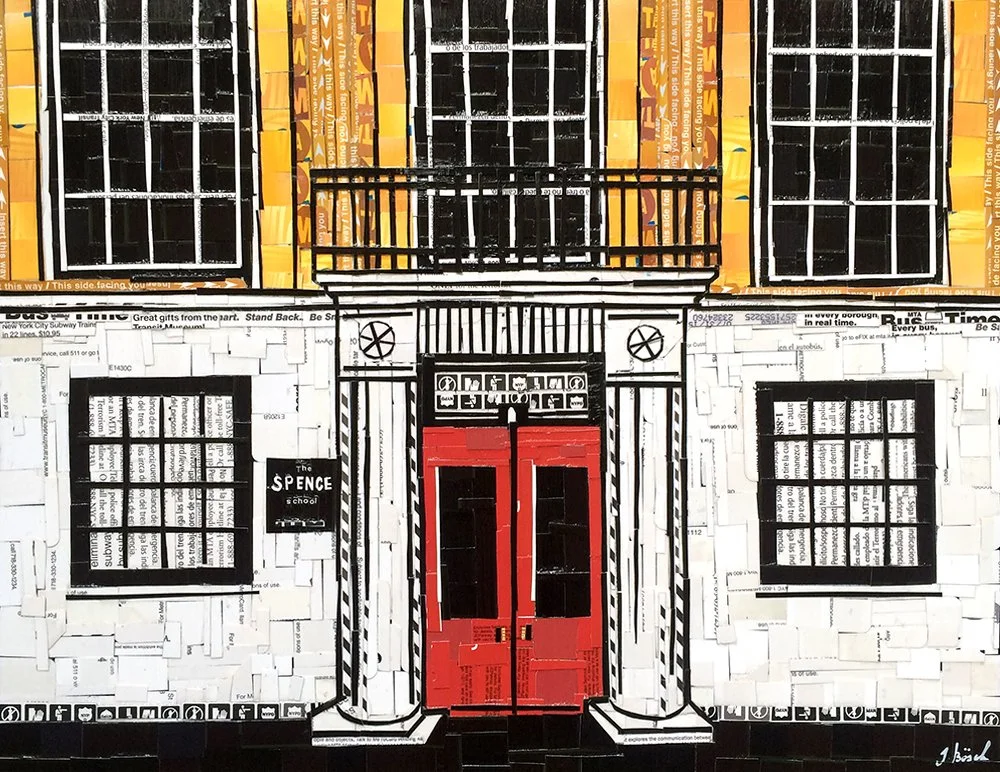 Mural of the front of a school building with a red door, black and white striped columns, and black windows, with a yellow and orange wall above.