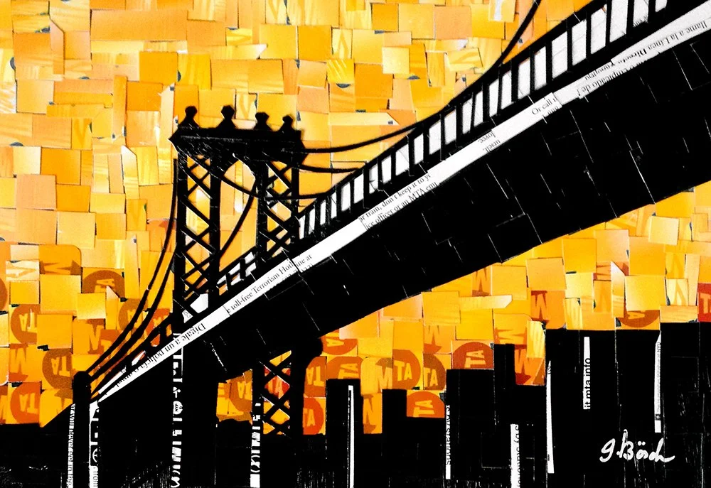 Silhouette of five people on a bridge against a yellow brick wall background.