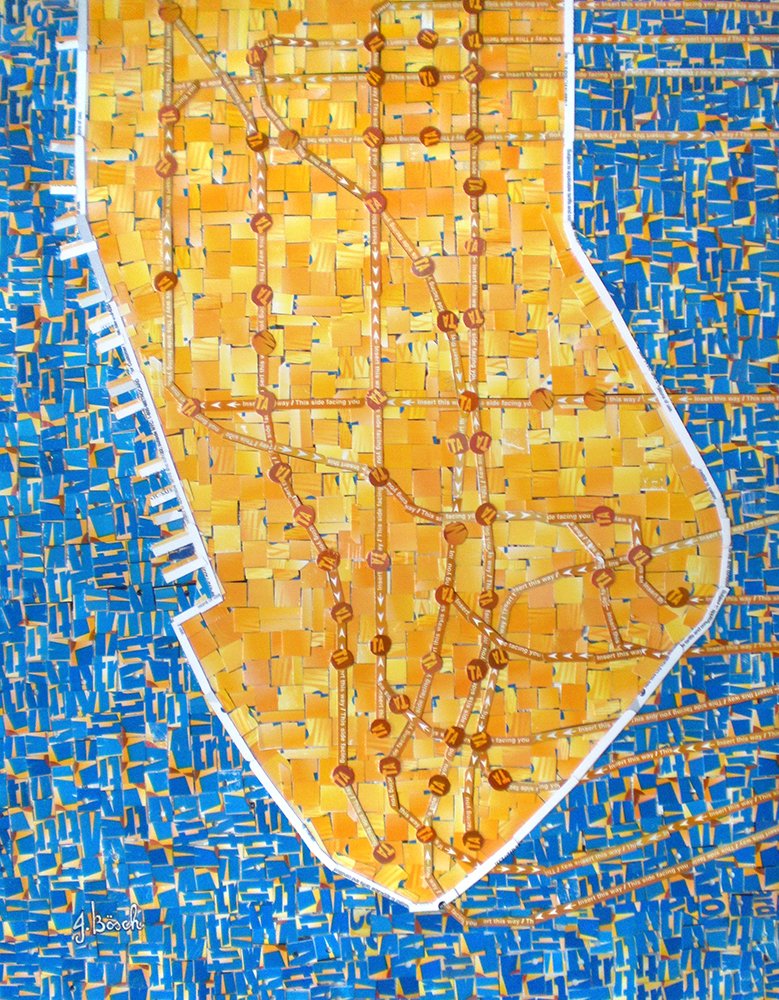 Mosaic of the state of Texas made from building materials with a music theme, featuring a yellow background with brown notes and musical symbols, and a blue textured border.