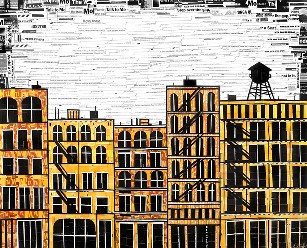 Black and white collage artwork of buildings under construction, with black fire escapes and a water tower, and a background of newspaper text.
