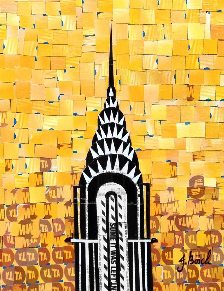 A cutout of a black and white striped building resembling the Chrysler Building in front of a yellow background with orange and yellow circular and square shapes.