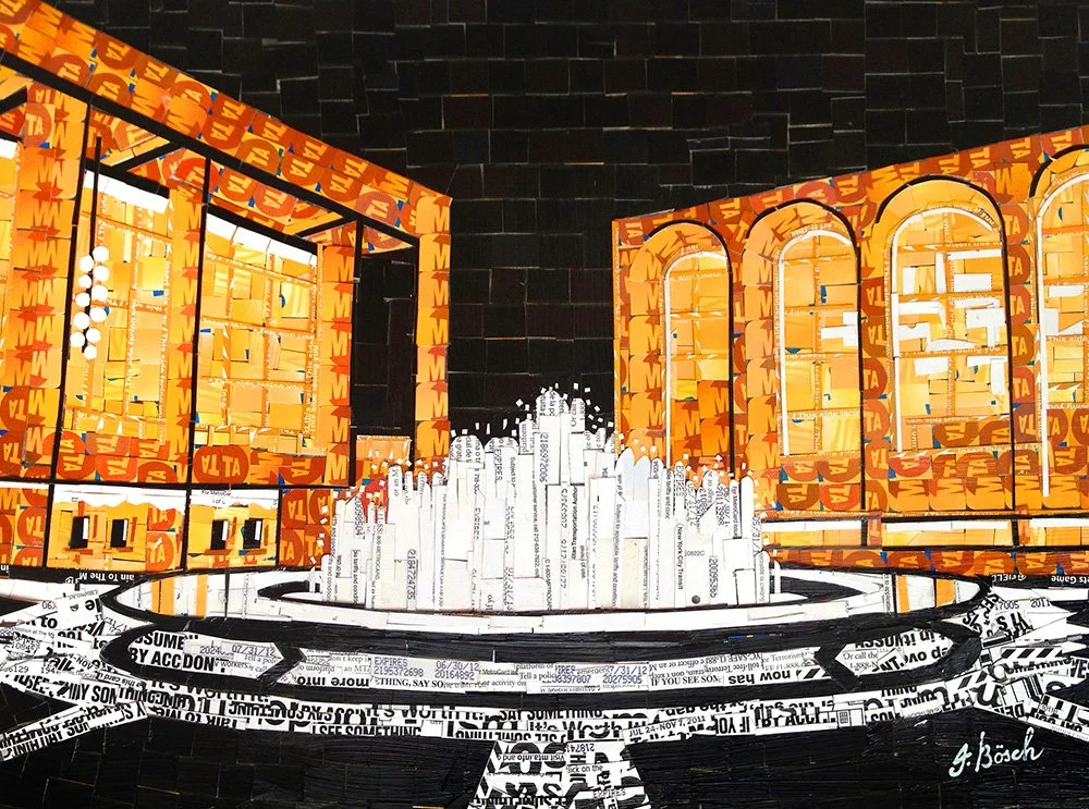 A 3D art installation of a fountain made from torn papers with orange and black framed structures resembling windows or doors in the background.