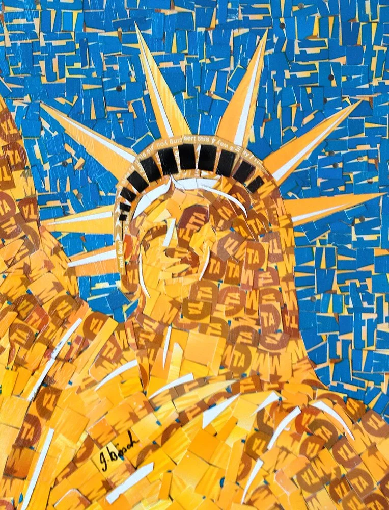 Mosaic artwork of a figure resembling the Statue of Liberty, made from numerous small pieces with the word "TATA" repeatedly used, featuring orange, yellow, black, and blue colors.