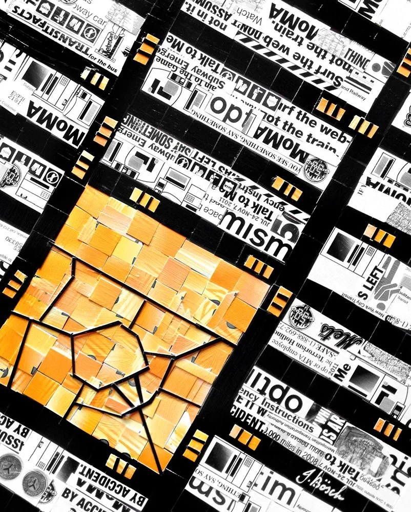An abstract collage of black and white newspaper clippings with orange and black geometric shapes layered on top, forming an artistic mosaic.
