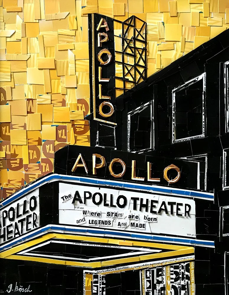 The Apollo Theater marquee and neon sign against a yellow brick background.