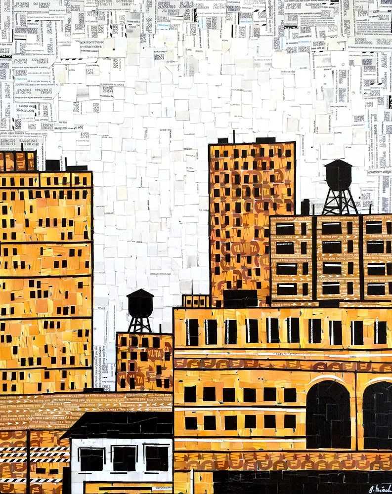 Mixed media artwork of a cityscape with tall orange and yellow buildings, water towers, and a cloudy sky made from collaged paper.
