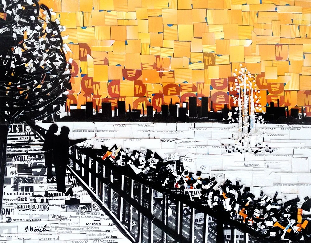 Mixed media collage featuring a city skyline silhouette, a person walking on a bridge, a large abstract sculpture, and a background of orange, yellow, and red sticky notes with the letters 'T' and 'A.'