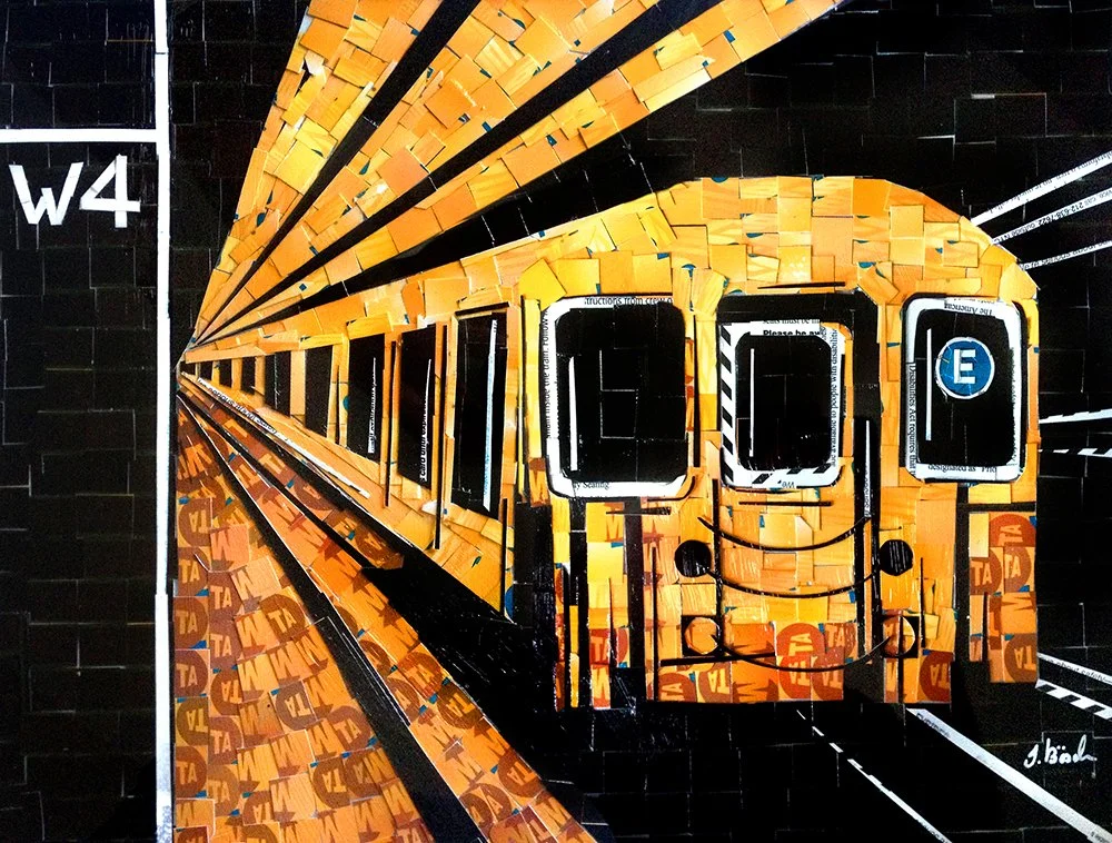 A colorful mosaic mural of a subway train emerging from a tunnel, painted with bright orange, yellow, and black tiles.