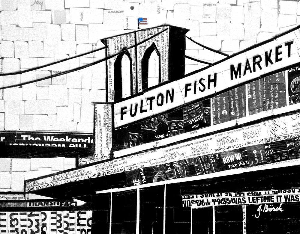 Collage-style artwork of the Fulton Fish Market sign with newspaper clippings and sketches of the Brooklyn Bridge.