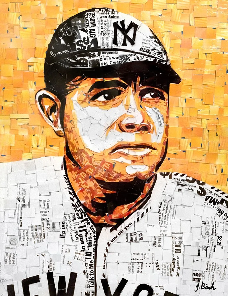 A collage portrait of a person created with torn paper and newspaper clippings, depicting a man with black hair, wearing a white garment, against a yellow-orange textured background.