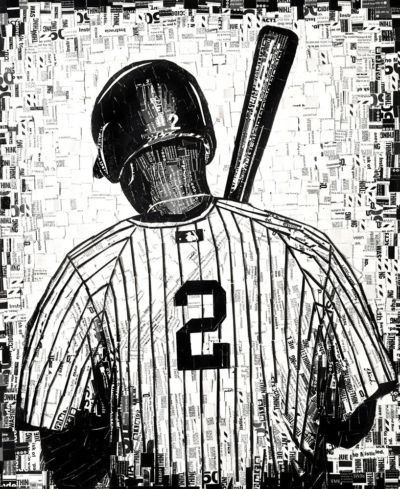 A digital collage of a baseball player wearing jersey number 2, holding a bat, created from magazine and newspaper cutouts in black and white.