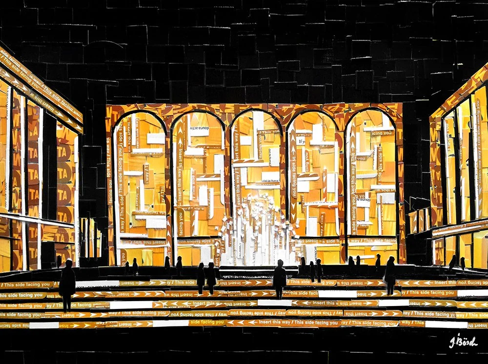 A large digital display reads 'HELLO' in large yellow letters with white interior, surrounded by orange and black patterned advertising elements and several silhouetted people standing on steps in front of the display.