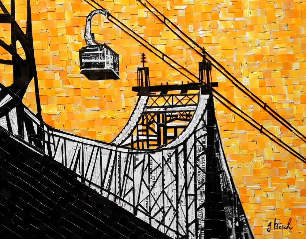 A colorful mural depicting a cable car and the bridge of San Francisco, with a bright orange background made of textured paper.