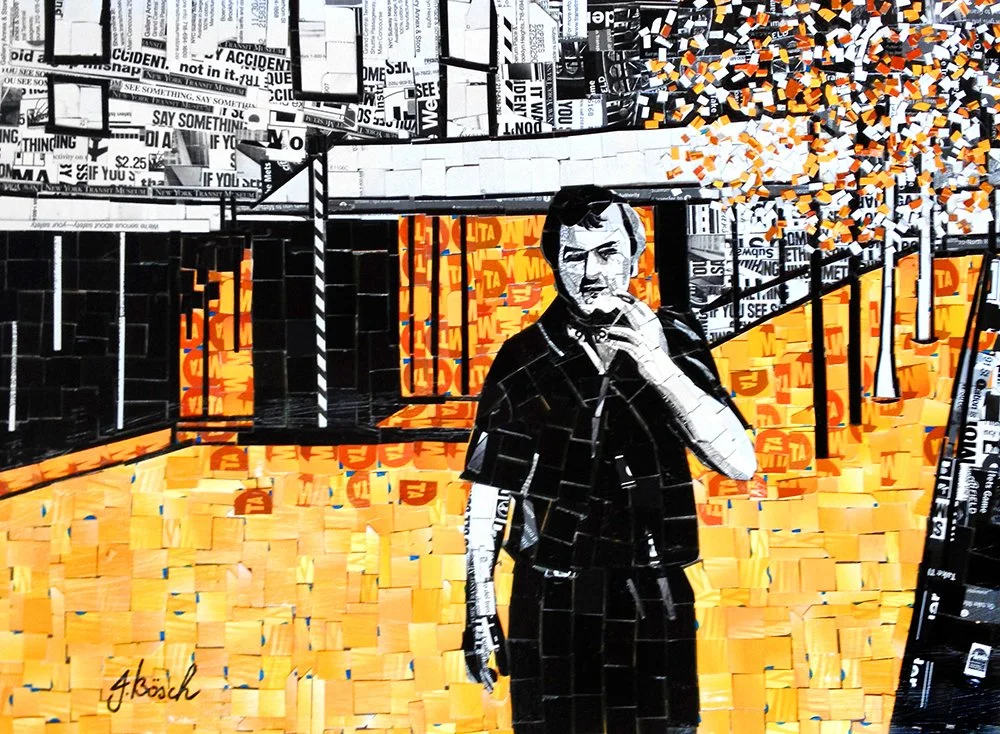 Mosaic artwork depicting a man in a black shirt, holding a cigarette, standing in an urban setting with orange and yellow tones, made from cut-out magazine or newspaper pieces.