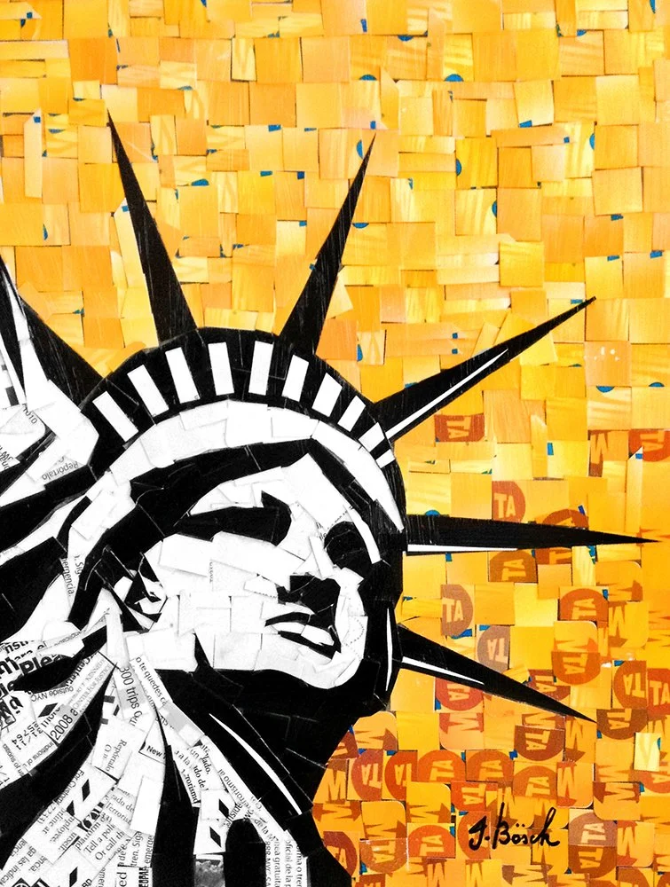 Collage artwork of the Statue of Liberty's face and crown made from black and white magazine or newspaper cutouts, with a background of orange and yellow squares.