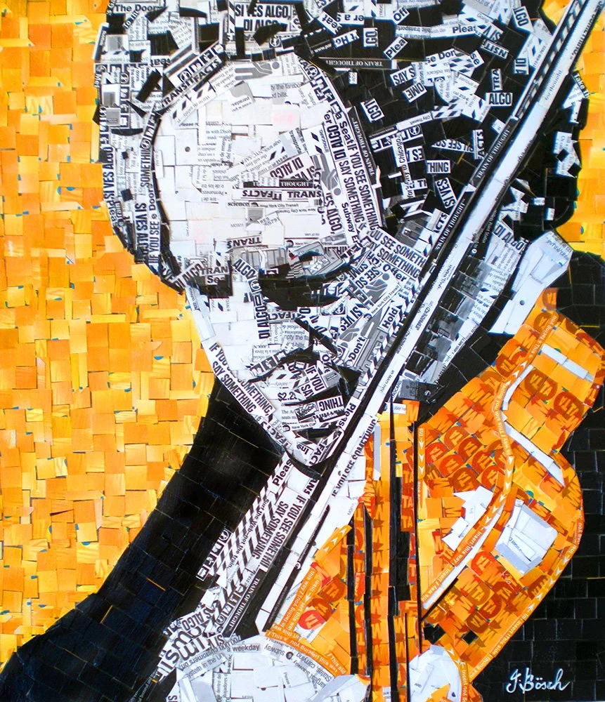 A collage portrait of a man with glasses, using cut-out pieces of printed text and images. The background is predominantly orange and yellow.