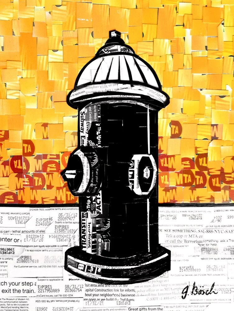 Black and white collage of a fire hydrant with a yellow background made up of small yellow blocks and text.