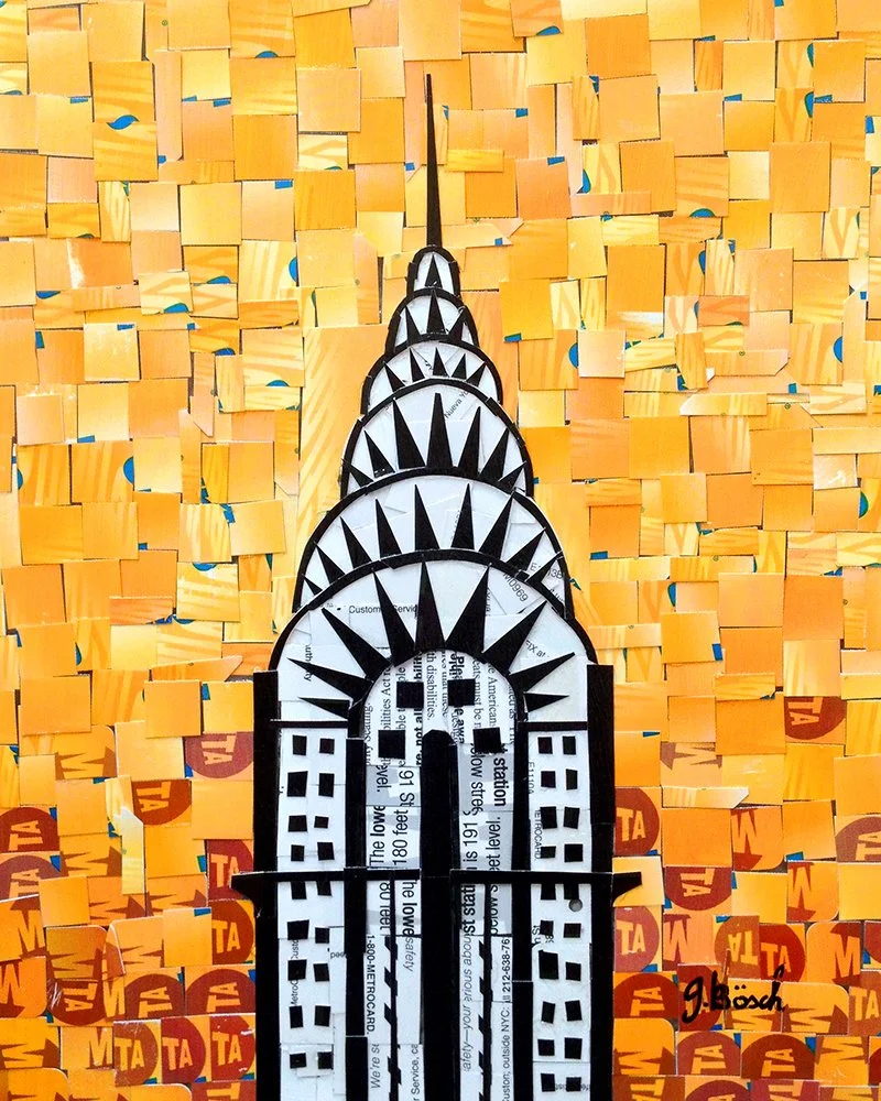 A collage of a swappable street clock with a background of orange and yellow MTA Metrocards